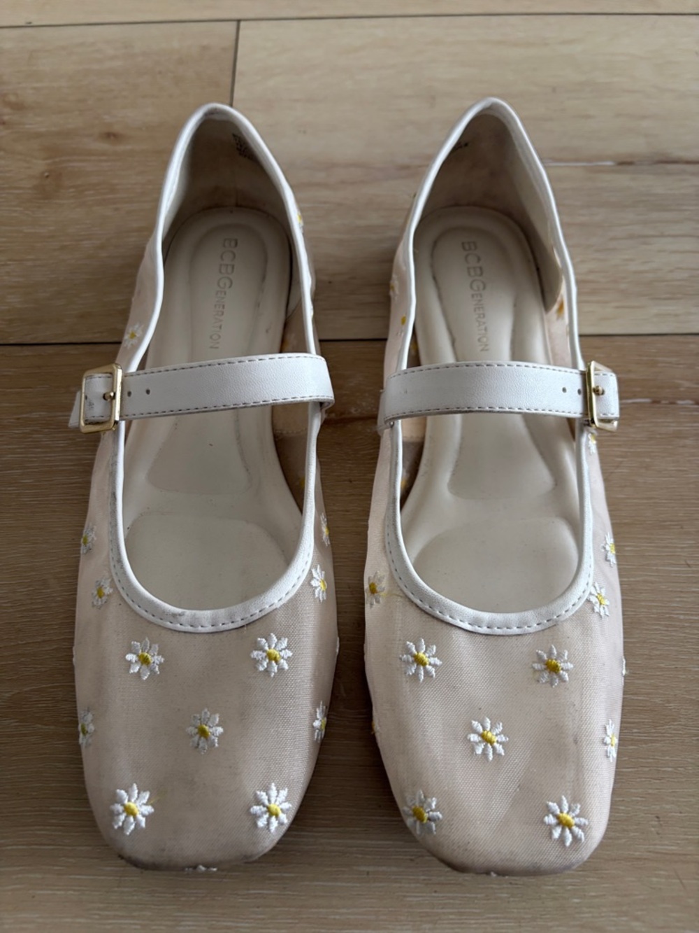 Beige Daisy Embroidered Mary Jane Flats